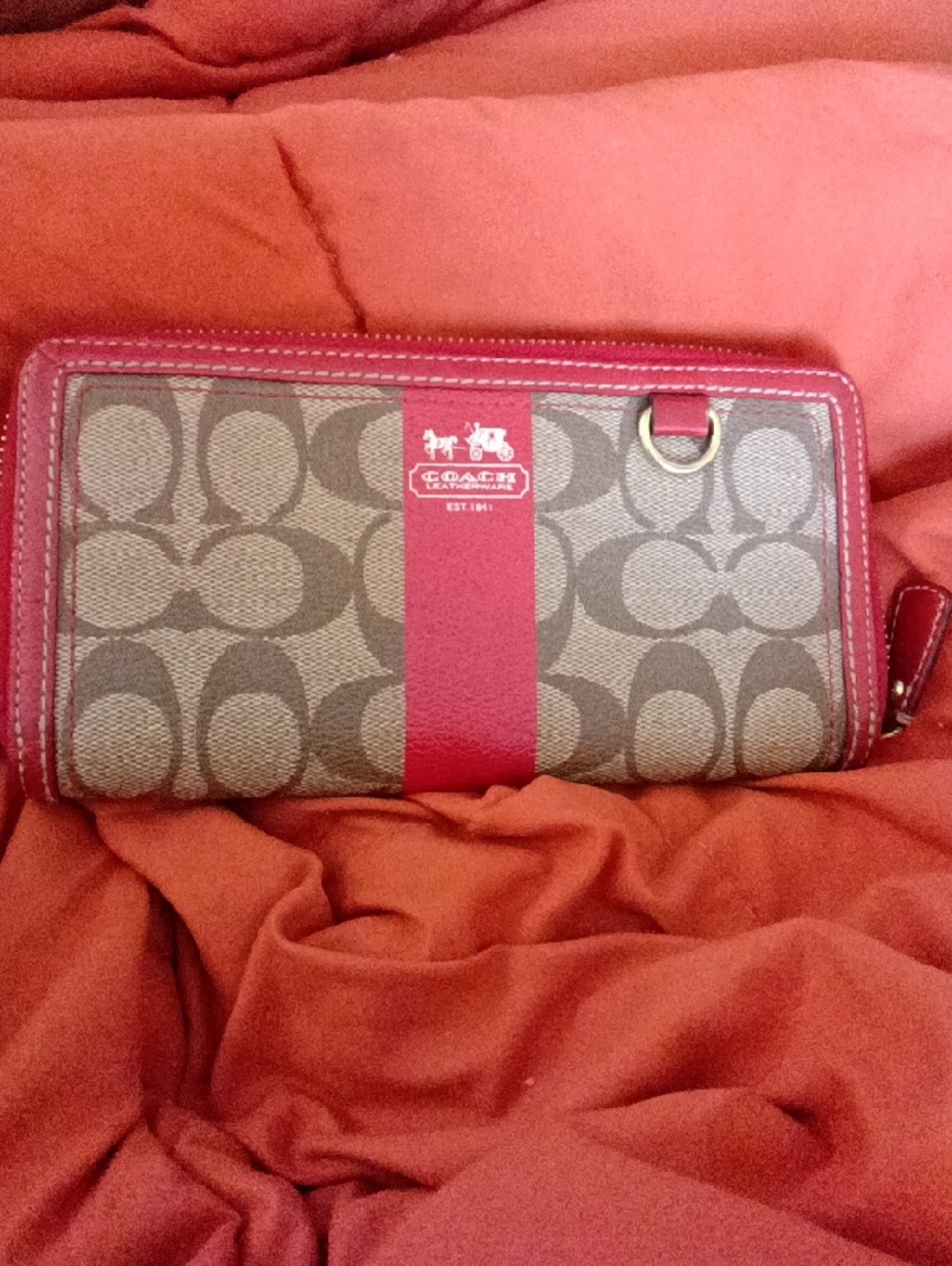 #3 Coach Heritage Signature C Accordion Tattersall Wallet in Coral and Beige